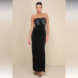 Lulus‎ Dramatic Stunner Plush Black Velvet Giant Bow Strapless Maxi Dress NWOT S